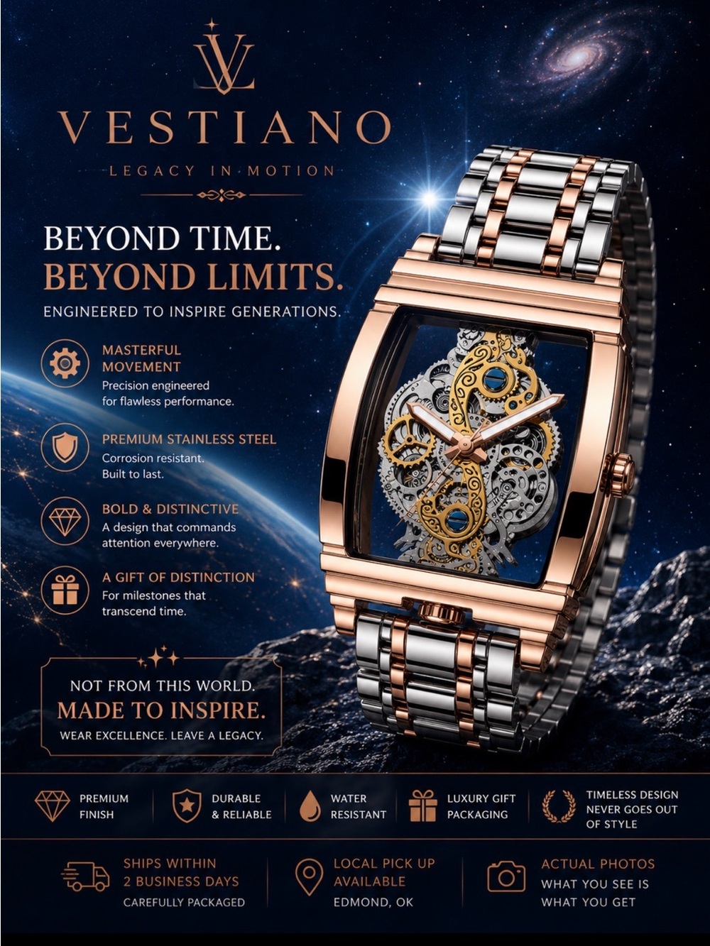 Vesti Rose Gold and Silver Skeleton Mechanical Watch
